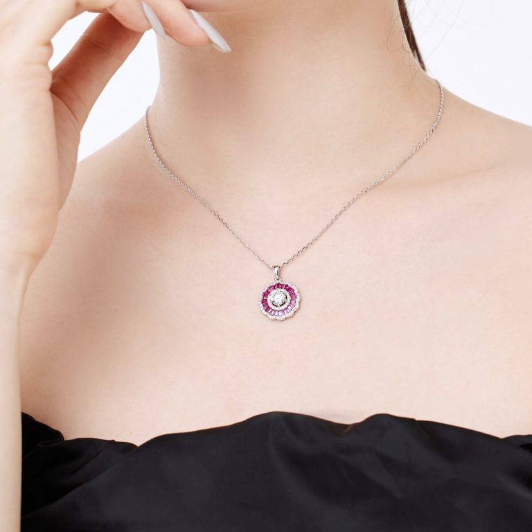 Floral Pink Gemstone and Diamond Silver Necklace DY190708-S-W-BO (1)