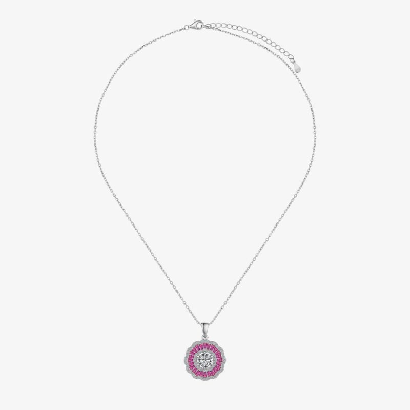 Floral Pink Gemstone and Diamond Silver Necklace DY190708-S-W-BO (4)