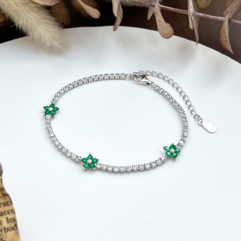 Green Gemstone Cluster Flower 925 Silver Bracelet DY150146-S-W-WG (4)