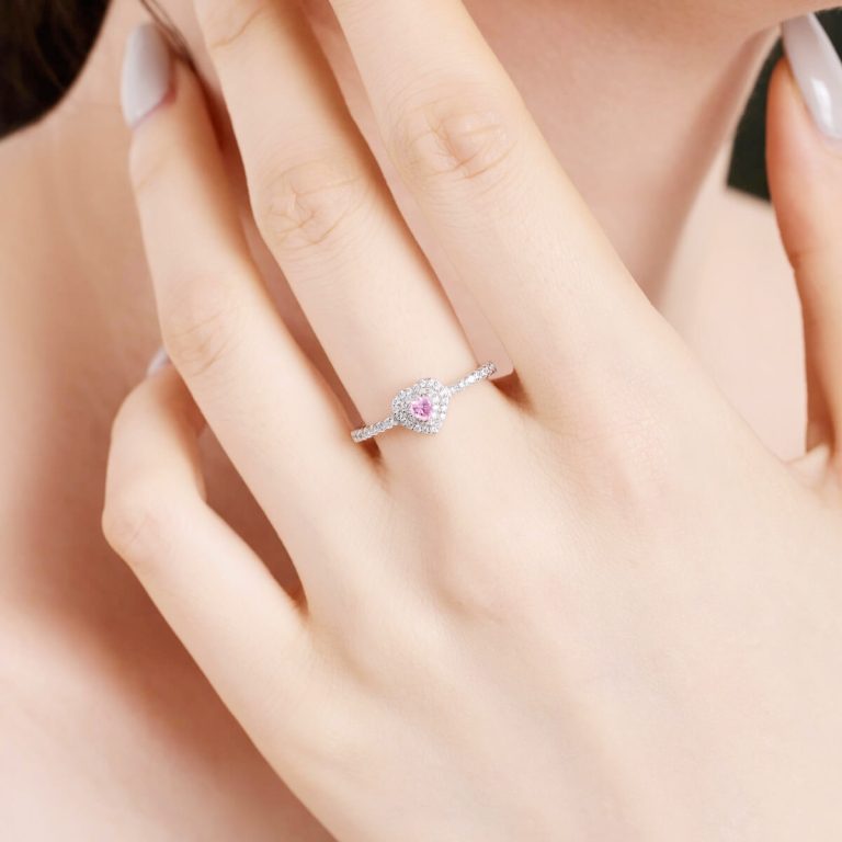 Heart Pink Gemstone and Diamond Silver Ring DY121017-S-W-BF (3)