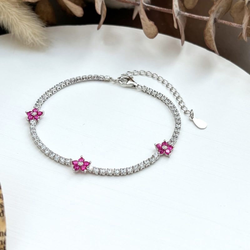 Pink Gemstone Cluster Flower 925 Silver Bracelet DY150146-S-W-BO (1)