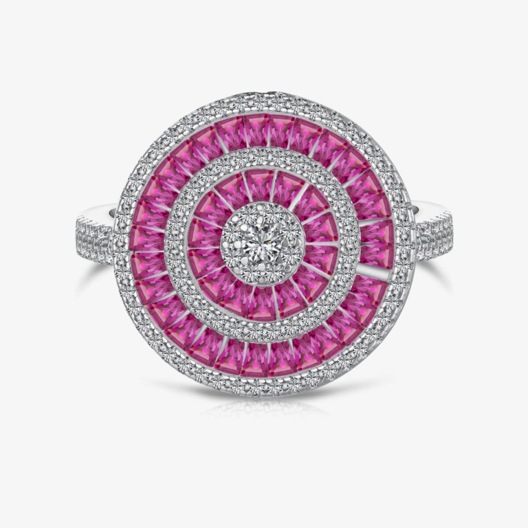 Pink Gemstone and Diamond Inlaid Silver Circle Ring DY120967-S-W-BO (1)