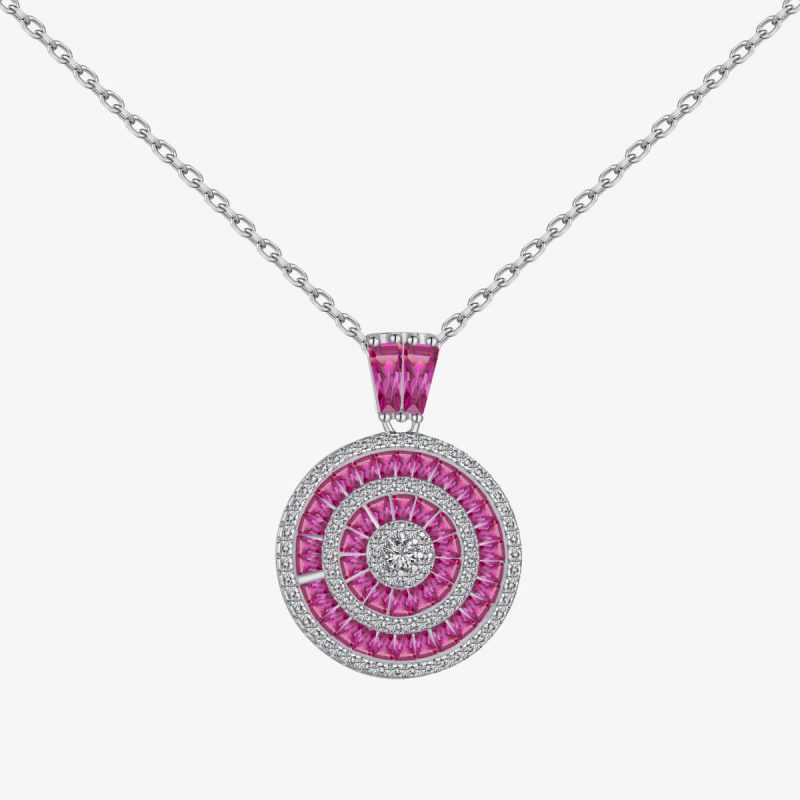 Pink Gemstone and Diamond silver Round Pendant Necklace DY190709-S-W-BO (1)