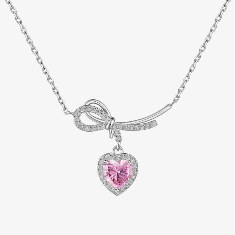 Pink Heart Diamond Bow Necklace DY190807-S-W-BF (1)