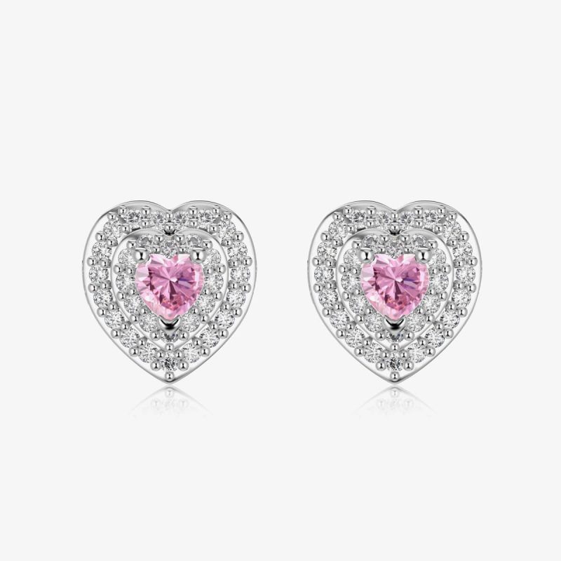 Pink Heart Gemstone and Diamond Stud Silver Earrings DY1D0356-S-W-BF (2)