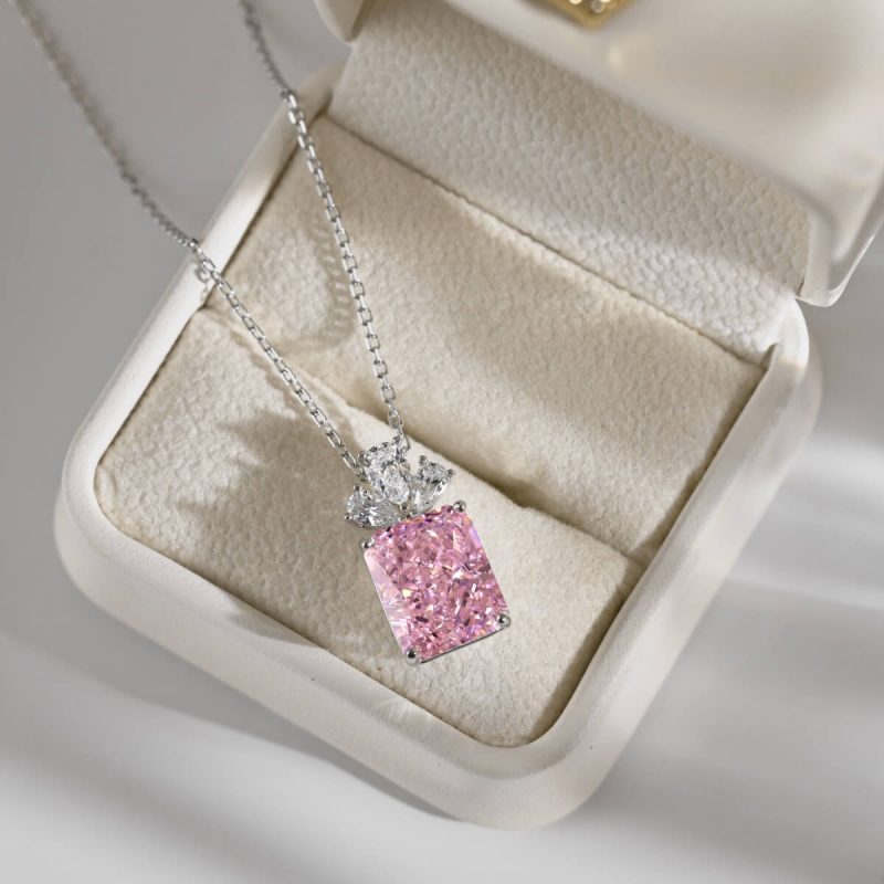 Pink Square Gemstone Pendant Necklace DY190764-S-W-BF (5)
