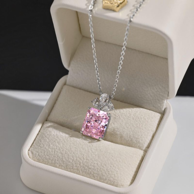 Pink Square Gemstone Pendant Necklace DY190764-S-W-BF (6)