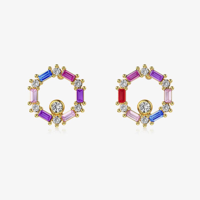 Rainbow Gemstone Circle 925 Silver Gold Earrings DY1D0335-S-G-CS (2)