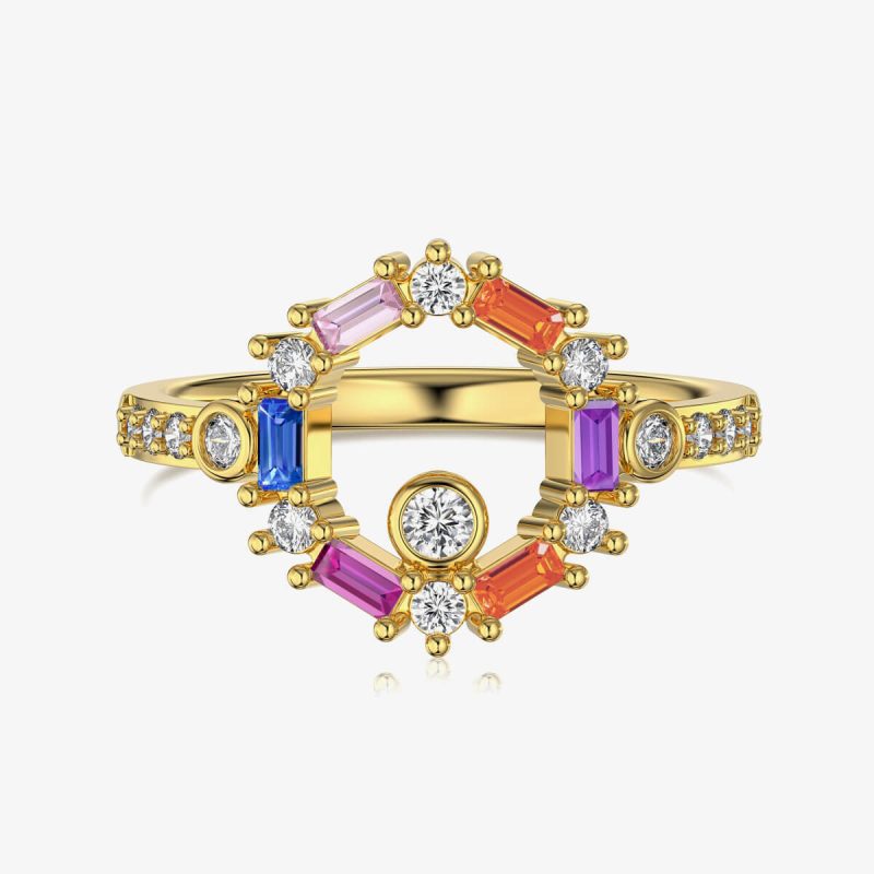 Rainbow Gemstone Geometric Diamond Gold Ring DY120968-S-G-CS (1)