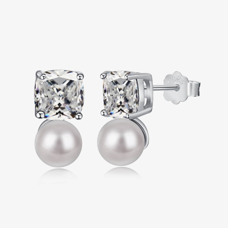 Square Diamond Pearl 925 Silver Stud Earrings DY1D0222-S-W-WH (1)