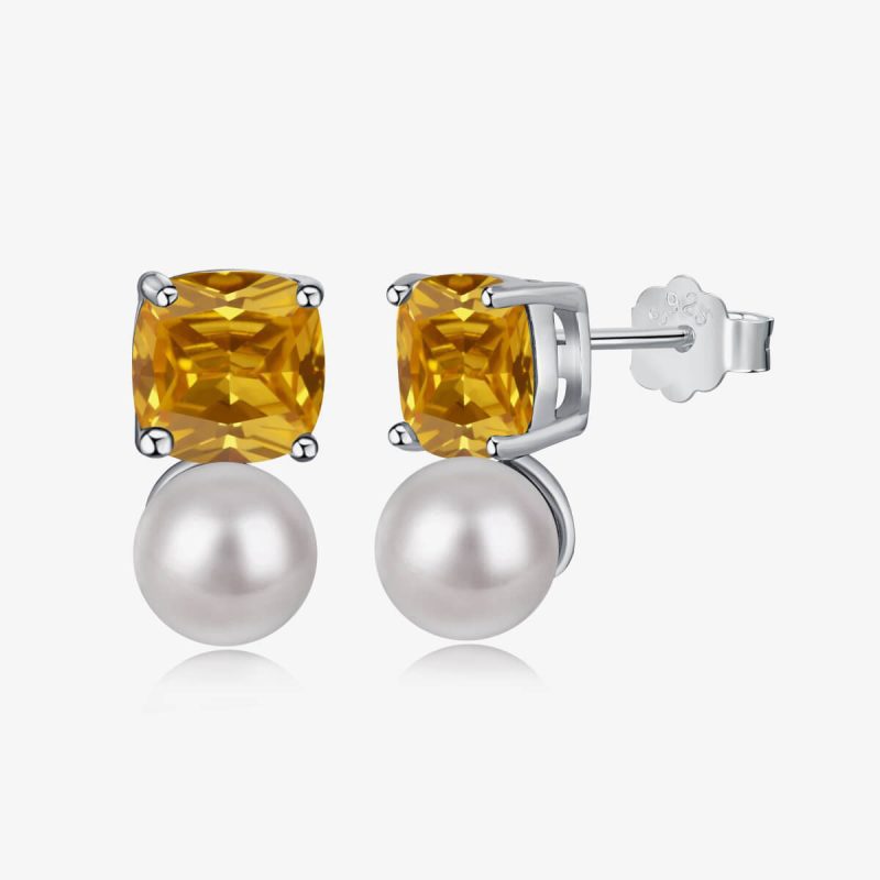 Square yellow Diamond Pearl 925 Silver Stud Earrings DY1D0222-S-W-YE (1)