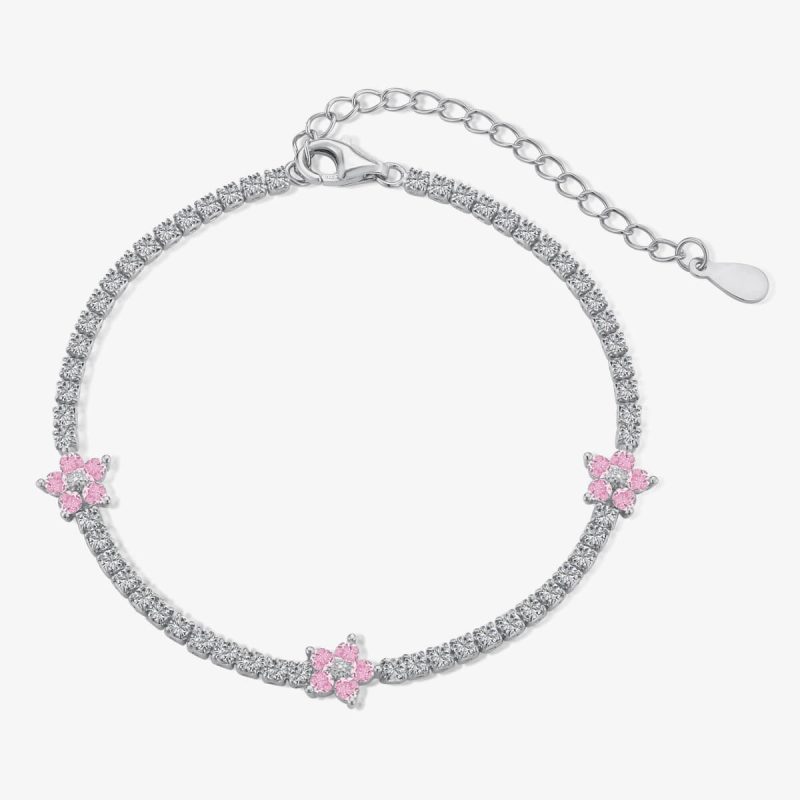 light Pink Gemstone Cluster Flower 925 Silver Bracelet DY150146-S-W-BF (2)