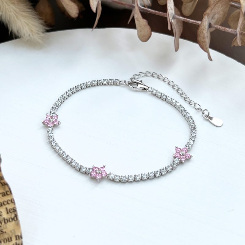 light Pink Gemstone Cluster Flower 925 Silver Bracelet DY150146-S-W-BF (4)